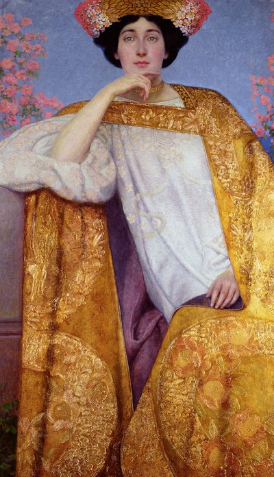 Portrait of a Woman in a Golden Dress, painted in collaboration with Ernst Klimt, Franz Matsch and his studio, 1886-87 by Gustav Klimt